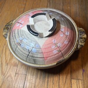Japanese Ceramic Donabe Clay Casserole Pot Cherry Blossom Floral Pink Grey